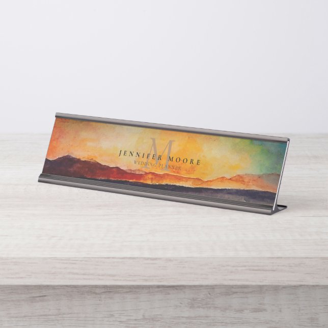 Placa De Mesa Aquarela Artística Montanha Paisagem Monograma (Frente)