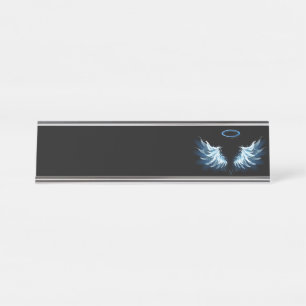 Placa De Mesa Asas Anjos Azuis Brilhantes em fundo preto