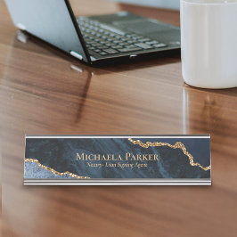 Placa De Mesa Azul Marinho Geodo de Ágata Dourada Negócios Elega
