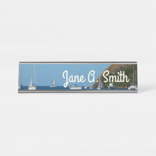 Placa De Mesa Barcos à vela na Baía de Branco e Azul Náutico