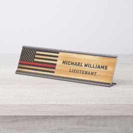 Placa De Mesa Bombeiro Thin Red Line America Flag Rustic Wood