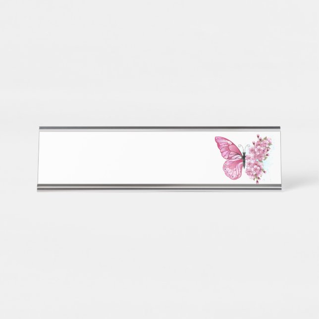 Placa De Mesa Borboleta Flor com Sakura Rosa (Frente)