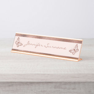 Placa De Mesa Borboletas com aparência de ouro rosa e texto pers