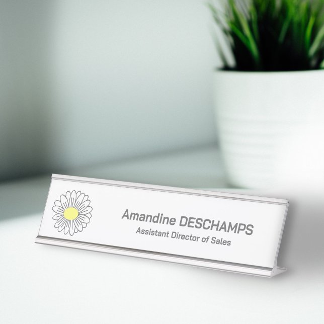 Placa De Mesa Branco da Flor de Margarida Botânica (Botanical Daisy Flower White Desk Name Plate)