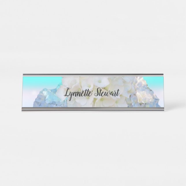 Placa De Mesa Branco e Azul Floral  (Frente)