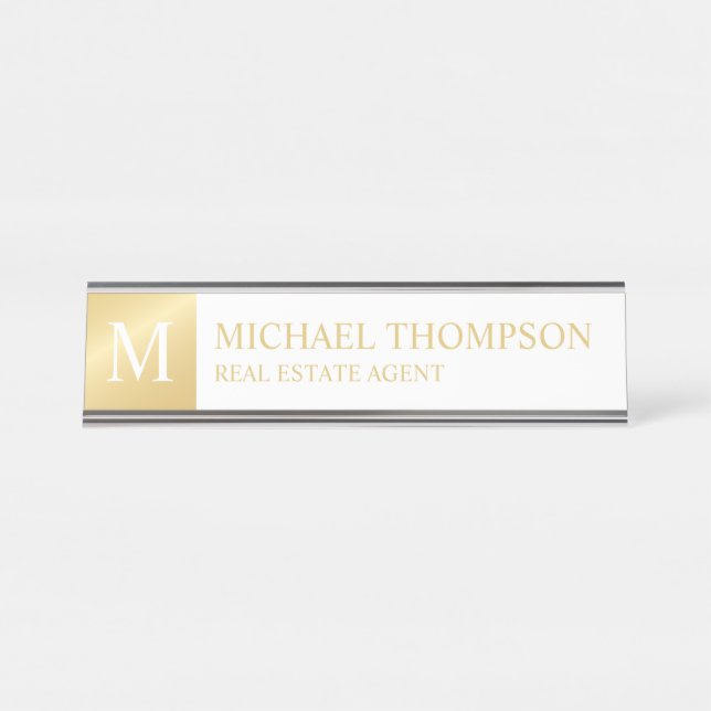 Placa De Mesa Branco Elegante profissional e Dourado (Frente)