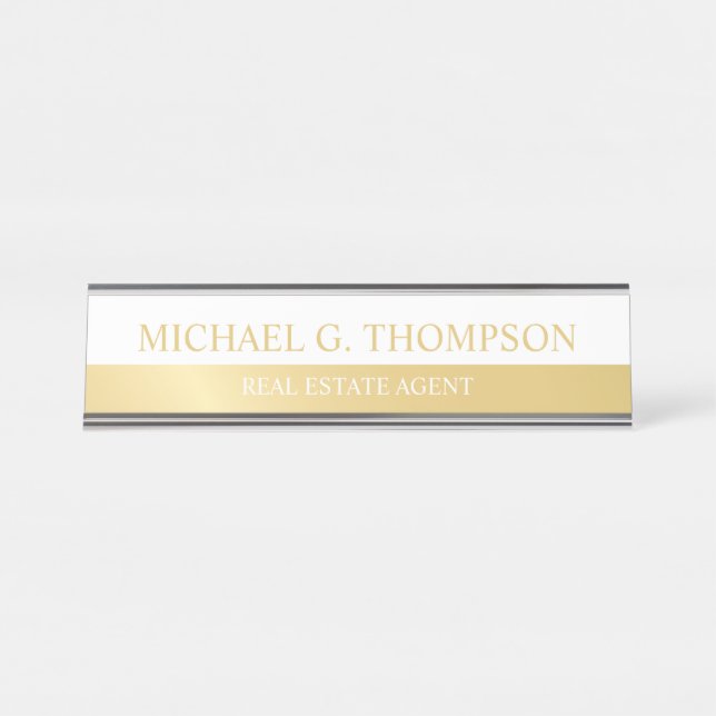 Placa De Mesa Branco Elegante profissional e Dourado (Frente)