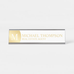 Placa De Mesa Branco Elegante profissional e Dourado