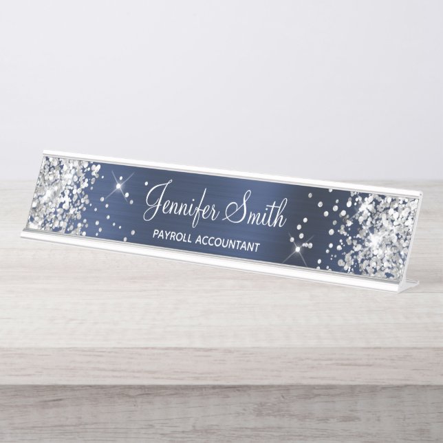 Placa De Mesa Brilhante Prateado Falso Azul Naval Folheado a Pra (Frente)