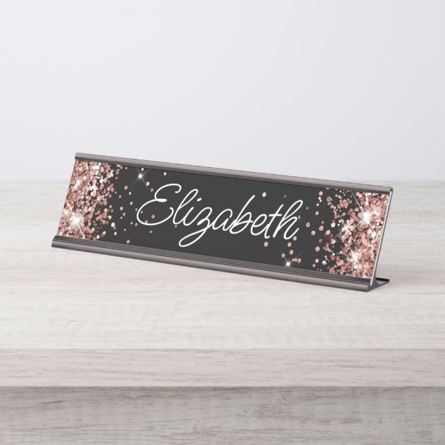 Placa De Mesa Brilho Rosa Dourado Glitter Preto (Frente)