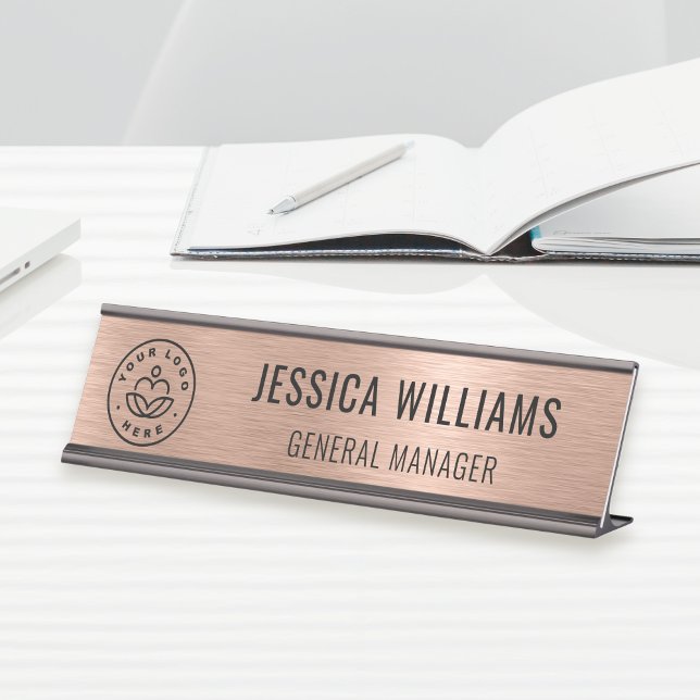 Placa De Mesa Business Logo Elegant Staff Faux Brushed Rose Gold (Criador carregado)