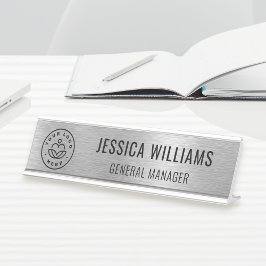 Placa De Mesa Business Logo Employee Elegant Faux Brushed Silver