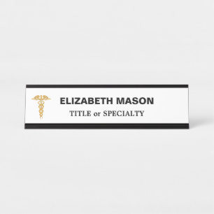 Placa De Mesa Caduceu Dourado Elegante sobre Branco