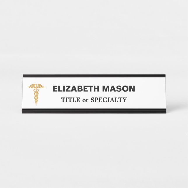Placa De Mesa Caduceu Dourado Elegante sobre Branco (Frente)