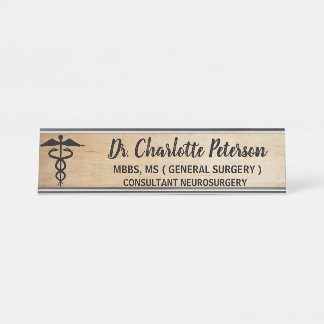 Placa De Mesa Caduceu Médicos de Madeira (Frente)