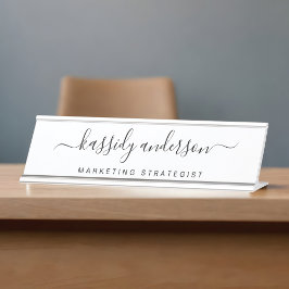 Placa De Mesa Caligrafia com Nome Personalizado em Branco Elegan