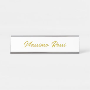 Placa De Mesa Caligrafia Elegante Dourado Branco Simples Nome