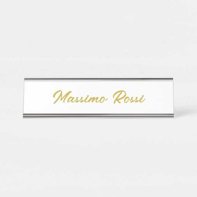 Placa De Mesa Caligrafia Elegante Dourado Branco Simples Nome (Frente)