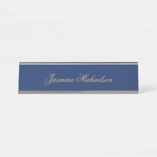 Placa De Mesa Caligrafia Nome Chic Encantador Azul & Dourado