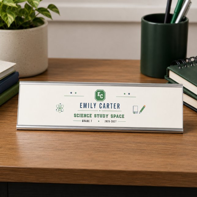 Placa De Mesa Capa Personalizada de Escola de Ciência Verde-Navy (Personalized Navy Green Science School Cover Desk Name Plate
)