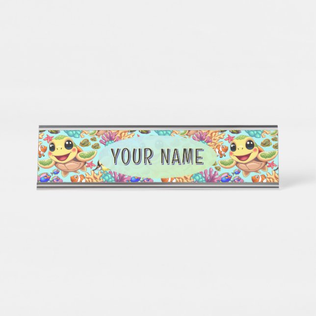 Placa De Mesa Caráter Feliz e Bonito da Tartaruga do Mar (Frente)