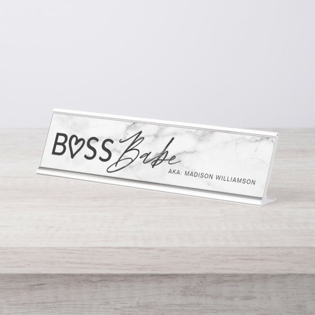 Placa De Mesa Chefe Moderno Babe Na moda Branco Cinza Marble & B (Frente)