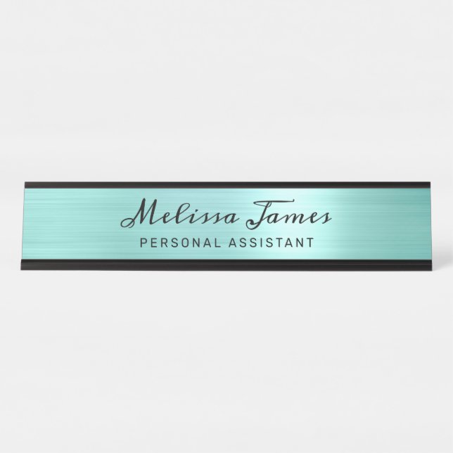 Placa De Mesa Chic Aqua - Esmagado - Script Preto Metálico (Frente)