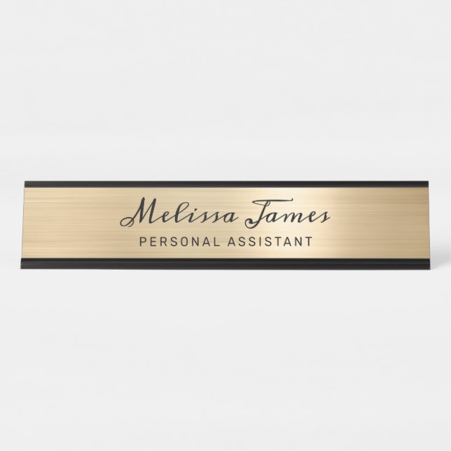 Placa De Mesa Chic Dourado Bruted Metal Black Script Name (Frente)