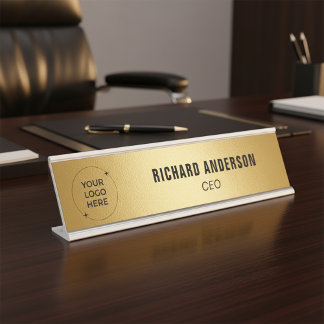 Placa De Mesa Company Logo Name Title Modern Gold Texture