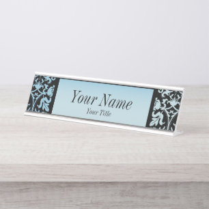 Placa De Mesa cor damasco em Azul Aqua e Preto   DIY Texto