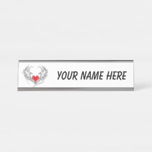 Placa De Mesa Coração Anjo Vermelho com asas