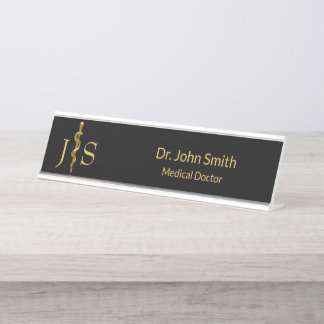 Placa De Mesa Corrida Clássica de Asclepius Dourada na Medicina