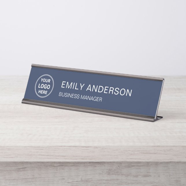 Placa De Mesa Custom Logo Minimal Business Corporate Navy Blue (Frente)
