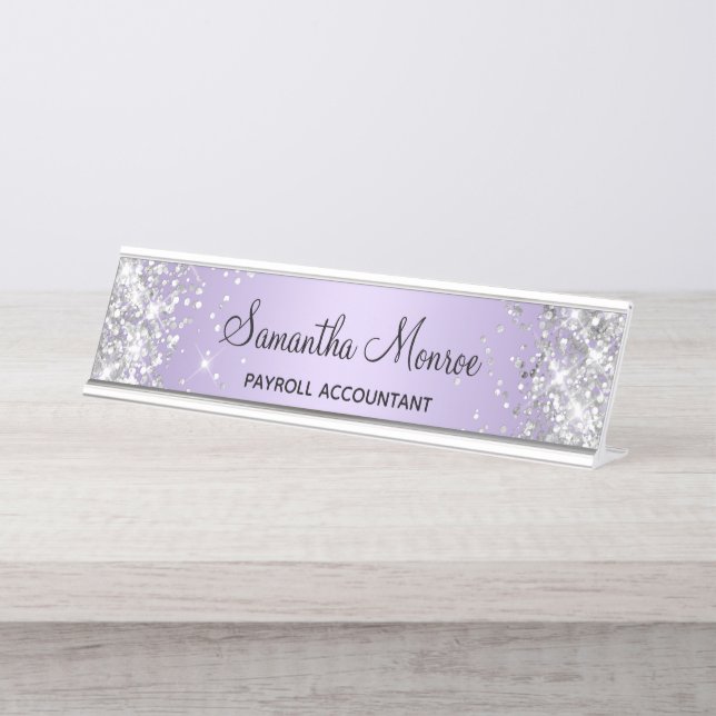 Placa De Mesa Degradê de Lavanda Pálido com Brilho Prateado (Frente)