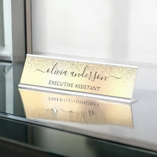 Placa De Mesa Dourada Glitter Girly Luxury Moderno Monograma Nom