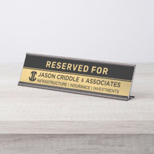 Placa De Mesa Dourado Metálico e Logotipo Personalizado Preto -R