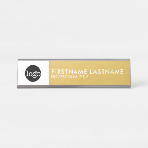 Placa De Mesa Dourado moderno e branco - Adicionar logotipo, nom