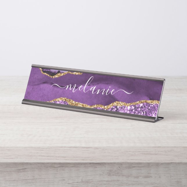Placa De Mesa Dourado Roxo Brilho Personalizado Nome Personaliza (Frente)