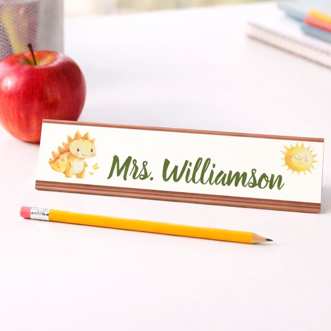 Placa De Mesa Educador de Professores Sala de Aula Dinossauro (Playful! desktop name plate featuring a friendly dinosaur design, perfect for brightening any desk.!)