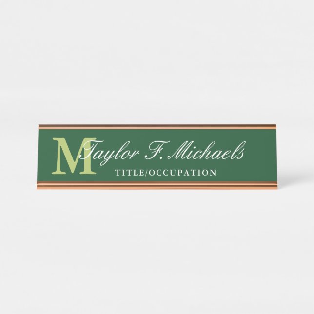 Placa De Mesa Elegant Dark Green Lime Monogram & Name (Frente)
