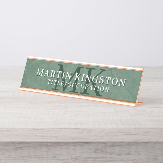 Placa De Mesa Elegant Stone Texture Dark Green Monogram Name (Frente)