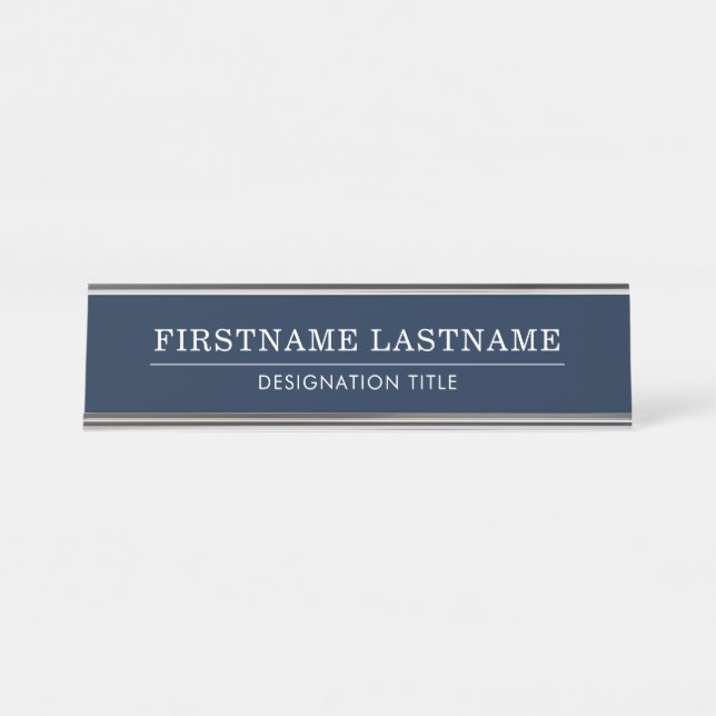 Placa De Mesa Elegante Azul e Branco com Título de Nome Linha Si (Frente)