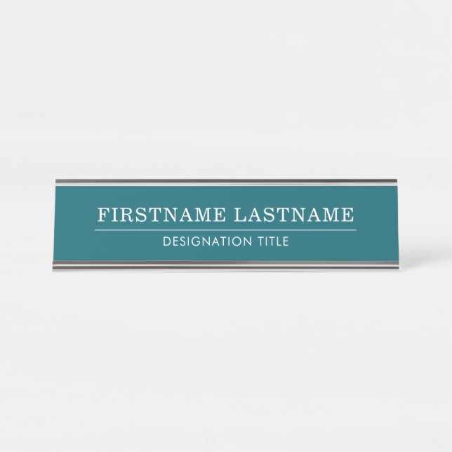 Placa De Mesa Elegante Azul e Branco com Título de Nome Simples  (Frente)