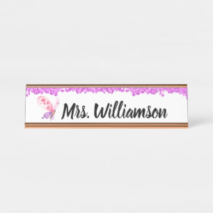 Placa De Mesa Elegante Borboleta Brilhante Rosa Feminina Profess