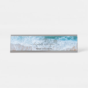 Placa De Mesa Elegante de Script Azul Personalizado da Praia