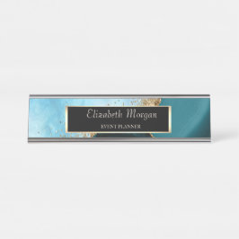 Placa De Mesa Elegante Glitter Dourado Mármore Turquesa, Moldura