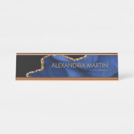 Placa De Mesa Elegante Moderno Azul Marinho Dourado Brilho Mármo
