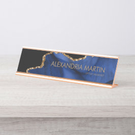 Placa De Mesa Elegante Moderno Azul Marinho Dourado Brilho Mármo