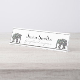 Placa De Mesa Elegante mosaico prateado brilhante Elefante branc