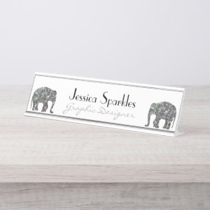 Placa De Mesa Elegante mosaico prateado brilhante Elefante branc